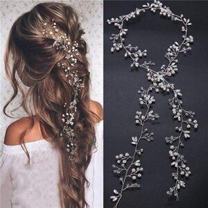 Bridal Rose Gold & Silver Pearl & Crystal Hair Vine – Extra Long Headpiece